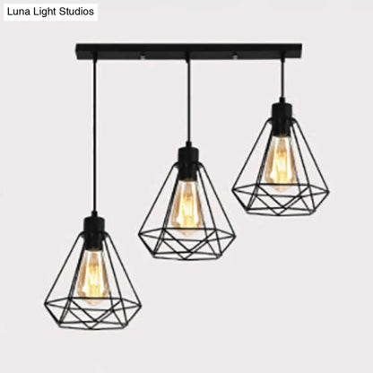 Retro Style 3-Headed Metallic Wire Frame Hanging Lamp with Diamond Shade - Indoor Ceiling Light in Black