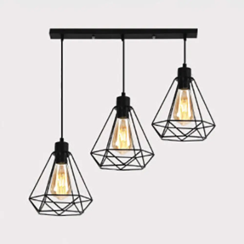 Retro Style 3-Headed Metallic Wire Frame Hanging Lamp with Diamond Shade - Indoor Ceiling Light in Black