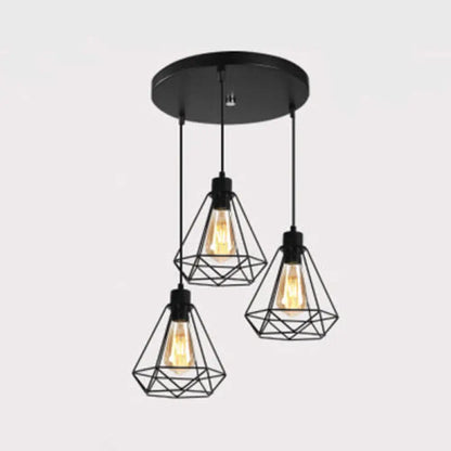 Retro Style 3-Headed Metallic Wire Frame Hanging Lamp with Diamond Shade - Indoor Ceiling Light in Black