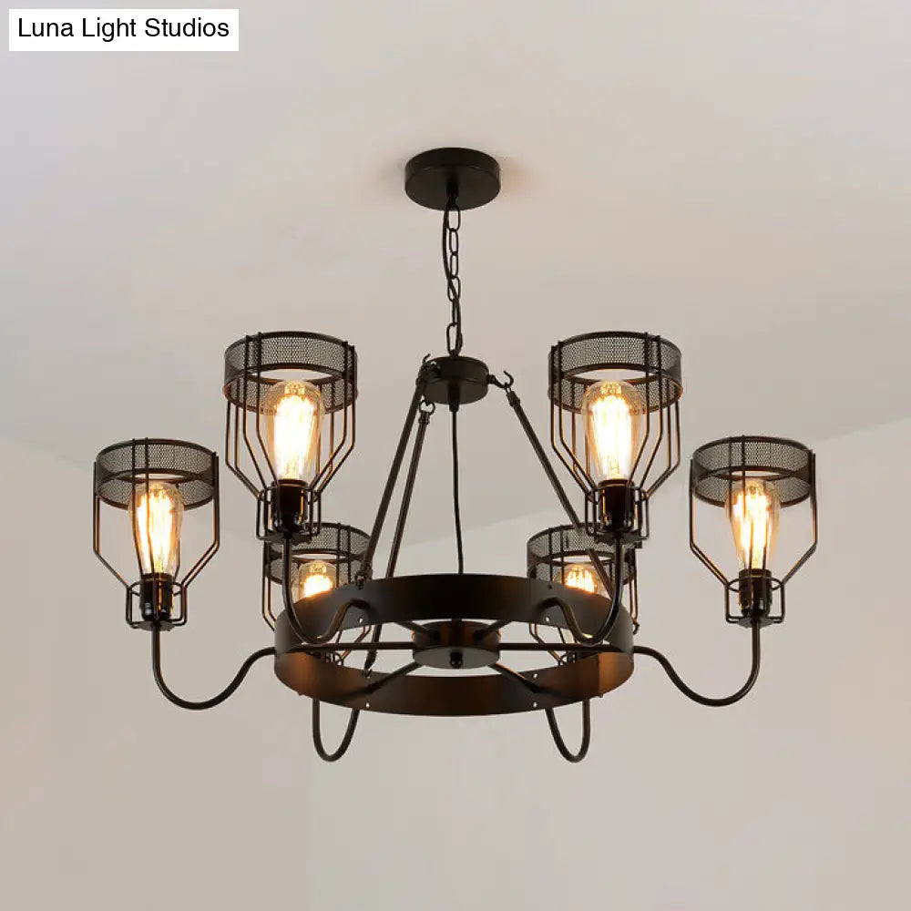 Retro Style 6/8-Light Chandelier with Wire Guard, Black Down/up Ceiling Light and Bell Shade