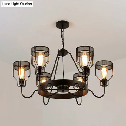 Retro Style 6/8-Light Chandelier with Wire Guard, Black Down/up Ceiling Light and Bell Shade