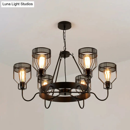 Retro Style 6/8-Light Chandelier with Wire Guard, Black Down/up Ceiling Light and Bell Shade