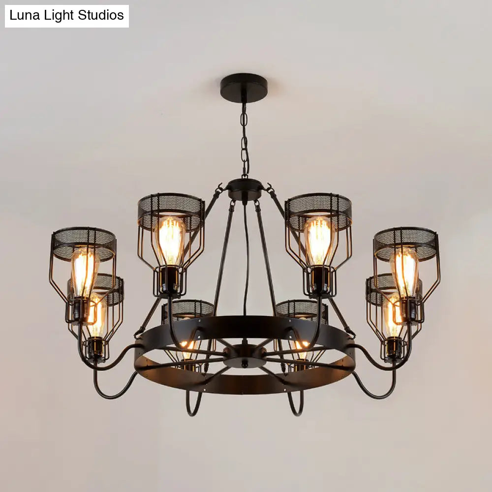 Retro Style 6/8-Light Chandelier with Wire Guard, Black Down/up Ceiling Light and Bell Shade