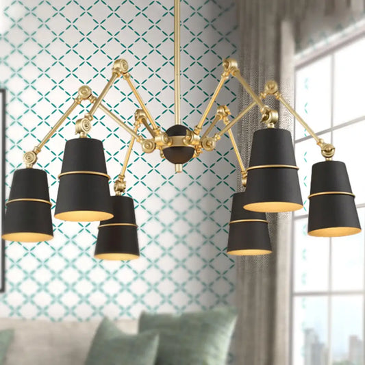 Retro Style 6-Light Spider Chandelier with Cone Shades - Black & Gold Metal Suspension Light