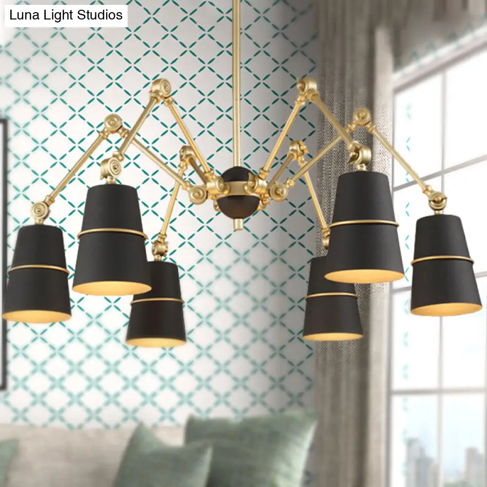 Retro Style 6-Light Spider Chandelier with Cone Shades - Black & Gold Metal Suspension Light