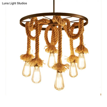 Retro Style 6-Light Wheel Metal Hanging Lamp with Adjustable Rope, Brown Finish - Perfect for Hallway Ceiling