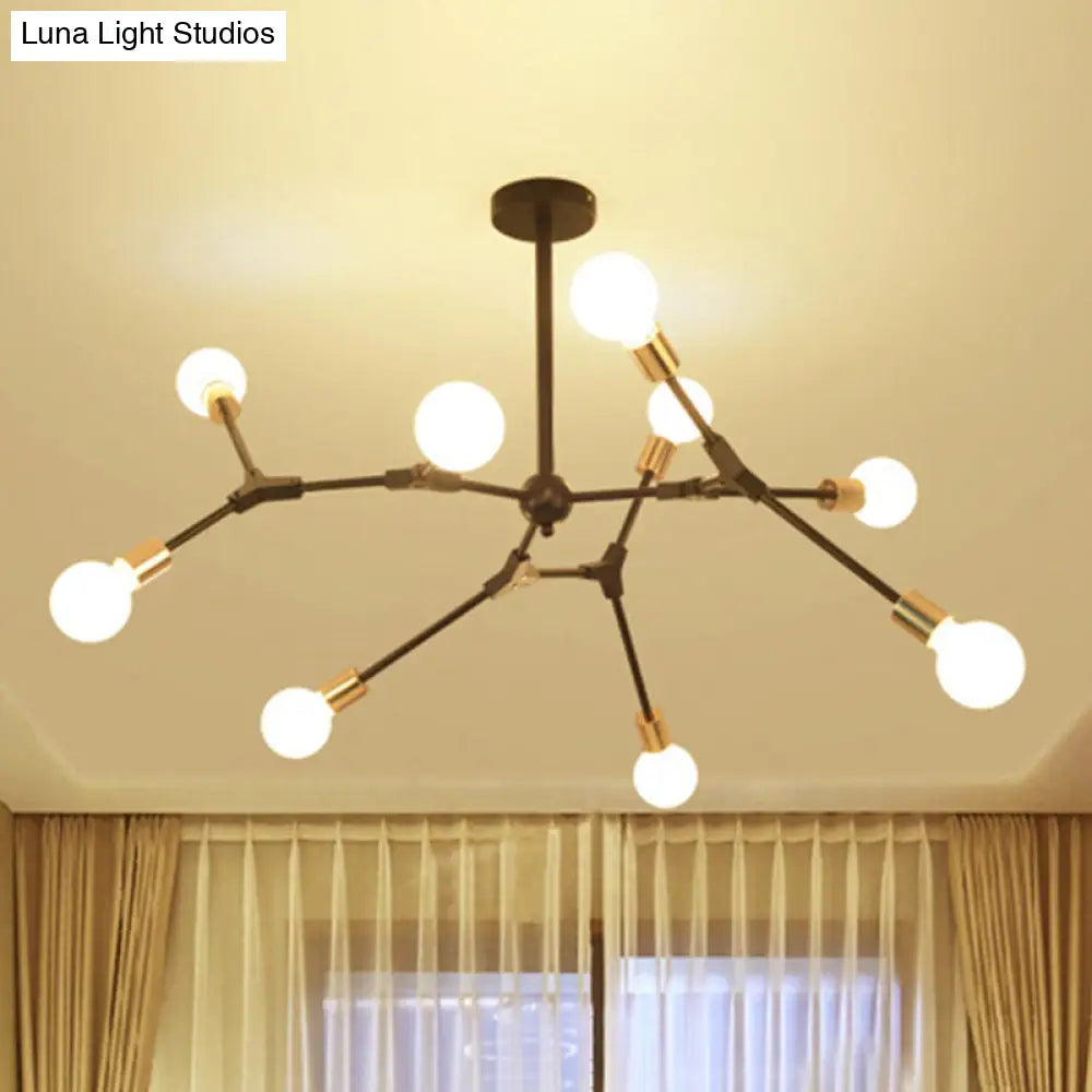 Retro Style Black Branch Suspension Light with Metallic Finish – Bedroom Chandelier Lamp (6/8 Lights) - Open Bulb Design