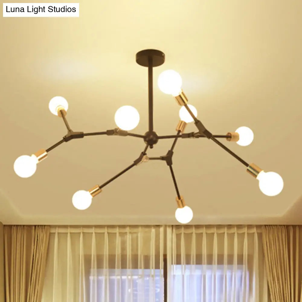 Retro Style Black Branch Suspension Light with Metallic Finish – Bedroom Chandelier Lamp (6/8 Lights) - Open Bulb Design