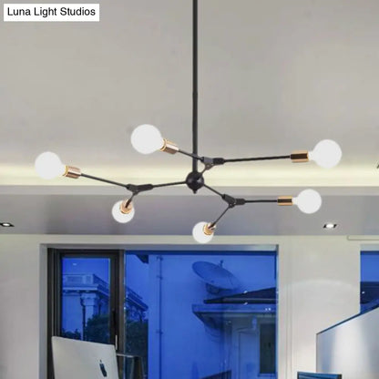 Retro Style Black Branch Suspension Light with Metallic Finish – Bedroom Chandelier Lamp (6/8 Lights) - Open Bulb Design