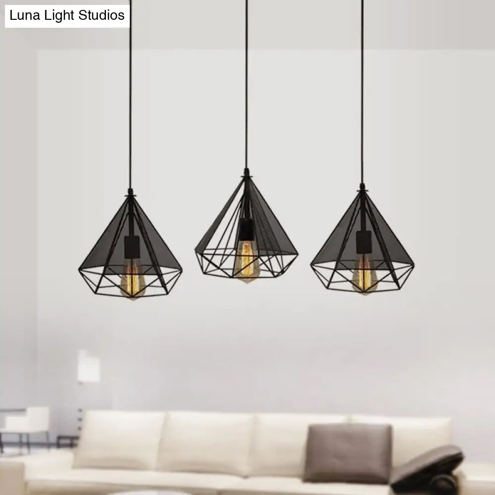 Retro-Style Black Diamond Hanging Light with 3 Metallic Heads - Dining Room Pendant Lighting