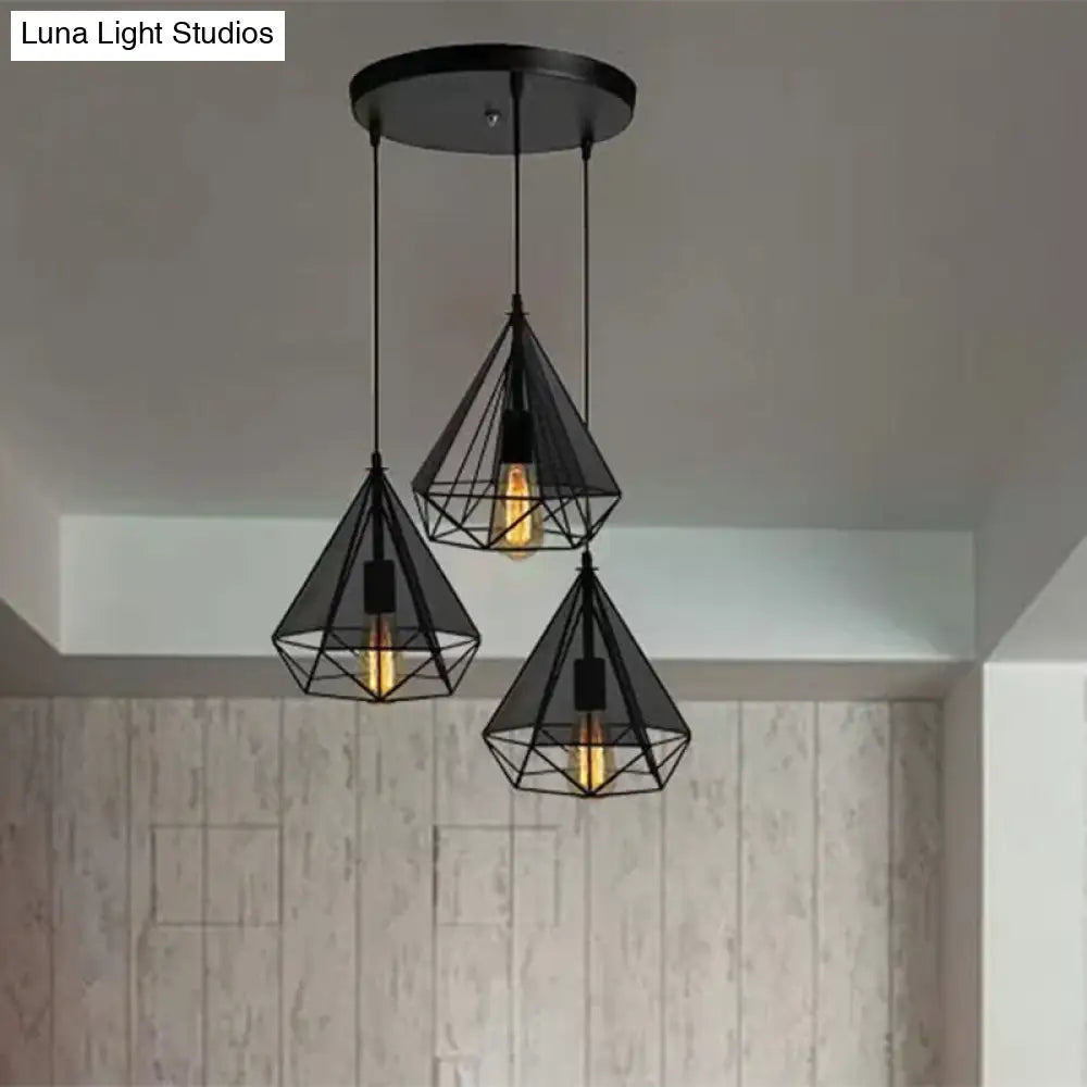 Retro-Style Black Diamond Hanging Light with 3 Metallic Heads - Dining Room Pendant Lighting