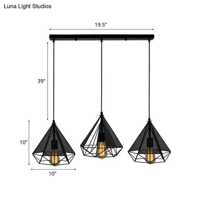 Retro-Style Black Diamond Hanging Light with 3 Metallic Heads - Dining Room Pendant Lighting