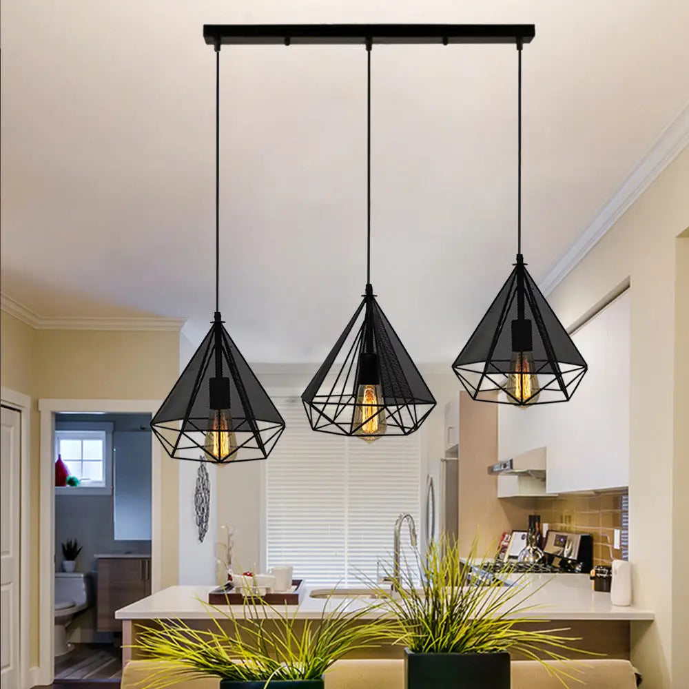 Retro-Style Black Diamond Hanging Light with 3 Metallic Heads - Dining Room Pendant Lighting