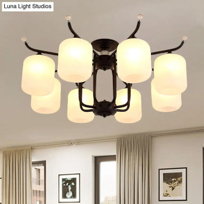 DecorBites™ DecorBites™ Retro Style Black Glass Chandelier with Cylindrical Cream Shade - 6/8 Heads Suspension Pendant Light for Living Room