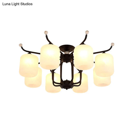 DecorBites™ DecorBites™ Retro Style Black Glass Chandelier with Cylindrical Cream Shade - 6/8 Heads Suspension Pendant Light for Living Room