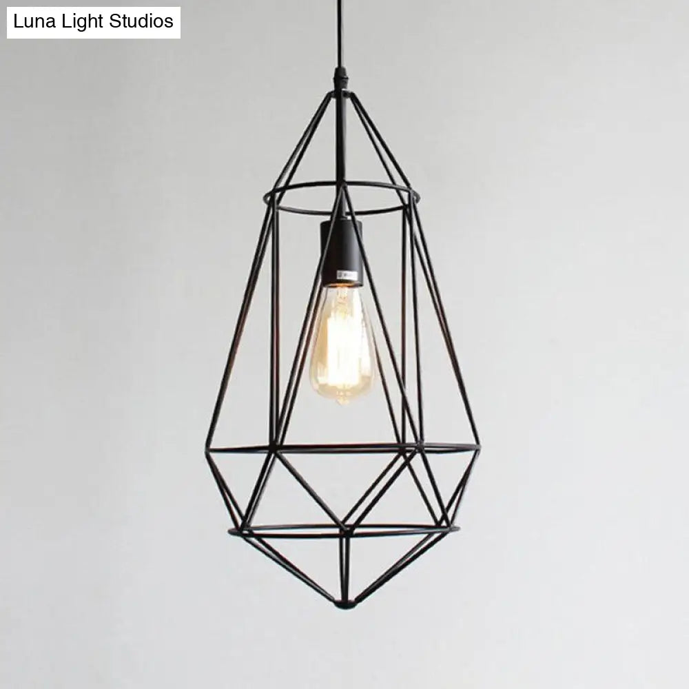 Retro Style Black Iron Gemstone Frame Pendant Ceiling Light for Restaurants - 1 Head Suspension Lighting