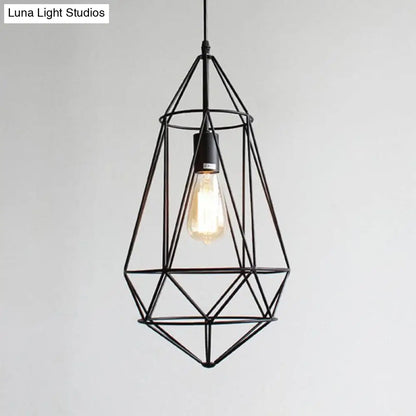 Retro Style Black Iron Gemstone Frame Pendant Ceiling Light for Restaurants - 1 Head Suspension Lighting