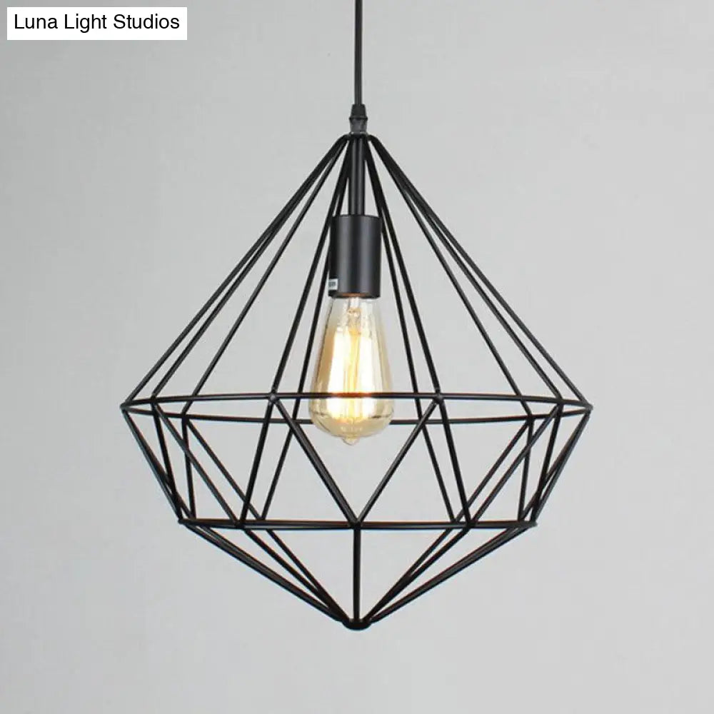 Retro Style Black Iron Gemstone Frame Pendant Ceiling Light for Restaurants - 1 Head Suspension Lighting