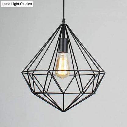 Retro Style Black Iron Gemstone Frame Pendant Ceiling Light for Restaurants - 1 Head Suspension Lighting