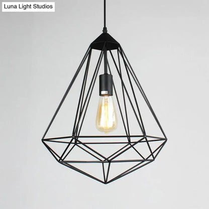 Retro Style Black Iron Gemstone Frame Pendant Ceiling Light for Restaurants - 1 Head Suspension Lighting