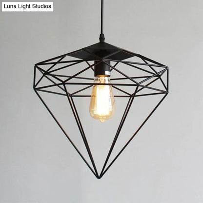 Retro Style Black Iron Gemstone Frame Pendant Ceiling Light for Restaurants - 1 Head Suspension Lighting