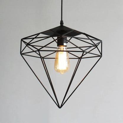 Retro Style Black Iron Gemstone Frame Pendant Ceiling Light for Restaurants - 1 Head Suspension Lighting