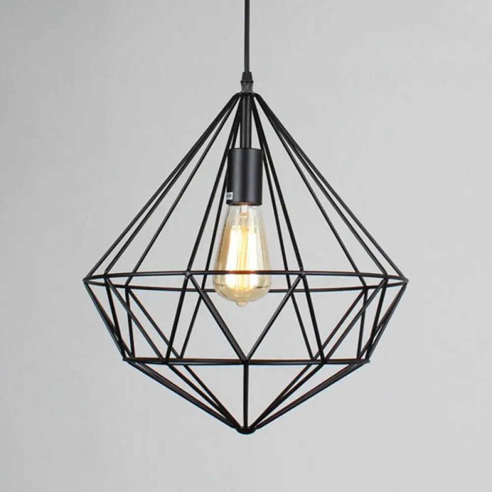 Retro Style Black Iron Gemstone Frame Pendant Ceiling Light for Restaurants - 1 Head Suspension Lighting