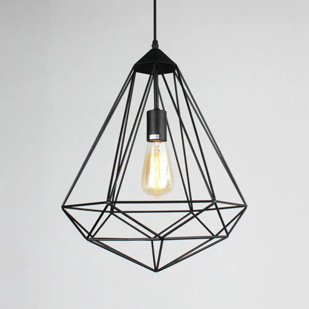 Retro Style Black Iron Gemstone Frame Pendant Ceiling Light for Restaurants - 1 Head Suspension Lighting