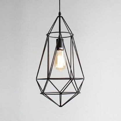 Retro Style Black Iron Gemstone Frame Pendant Ceiling Light for Restaurants - 1 Head Suspension Lighting