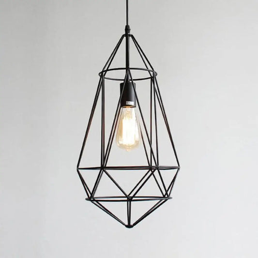 Retro Style Black Iron Gemstone Frame Pendant Ceiling Light for Restaurants - 1 Head Suspension Lighting