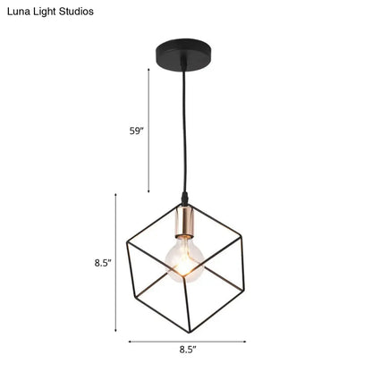 Retro-Style Black Metal Cage Ceiling Fixture for Living Room with 1 Squared Light