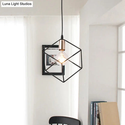 Retro-Style Black Metal Cage Ceiling Fixture for Living Room with 1 Squared Light