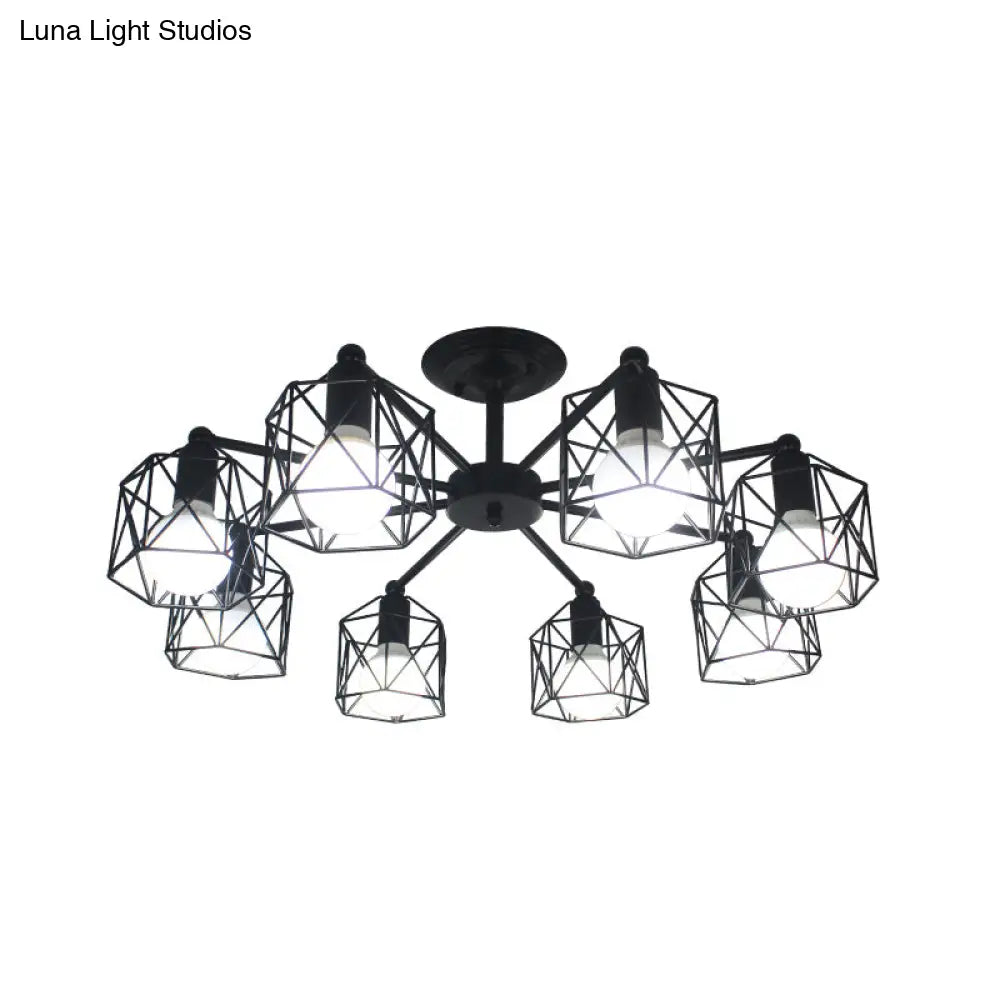 DecorBites™ DecorBites™ Retro Style Black Metal Semi Flush Pendant Light with Global Cage Shade for Living Room - 6/8 Lights Spider Semi Flush Light