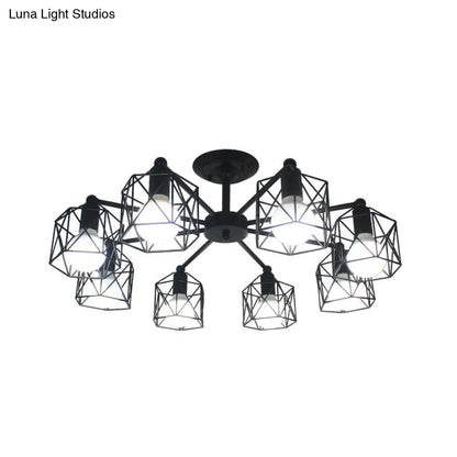 DecorBites™ DecorBites™ Retro Style Black Metal Semi Flush Pendant Light with Global Cage Shade for Living Room - 6/8 Lights Spider Semi Flush Light