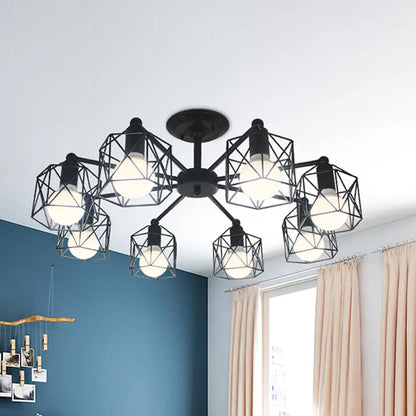 DecorBites™ DecorBites™ Retro Style Black Metal Semi Flush Pendant Light with Global Cage Shade for Living Room - 6/8 Lights Spider Semi Flush Light