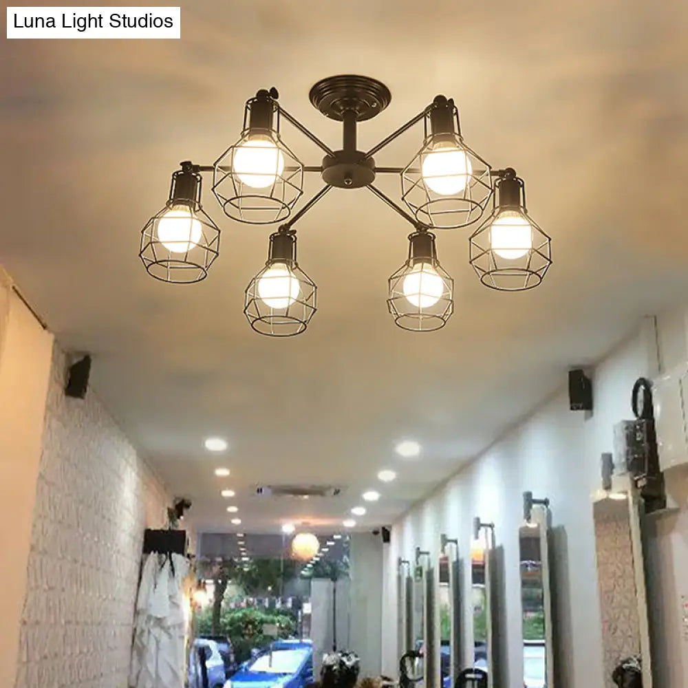 DecorBites™ DecorBites™ Retro Style Black Metal Semi Flush Pendant Light with Global Cage Shade for Living Room - 6/8 Lights Spider Semi Flush Light