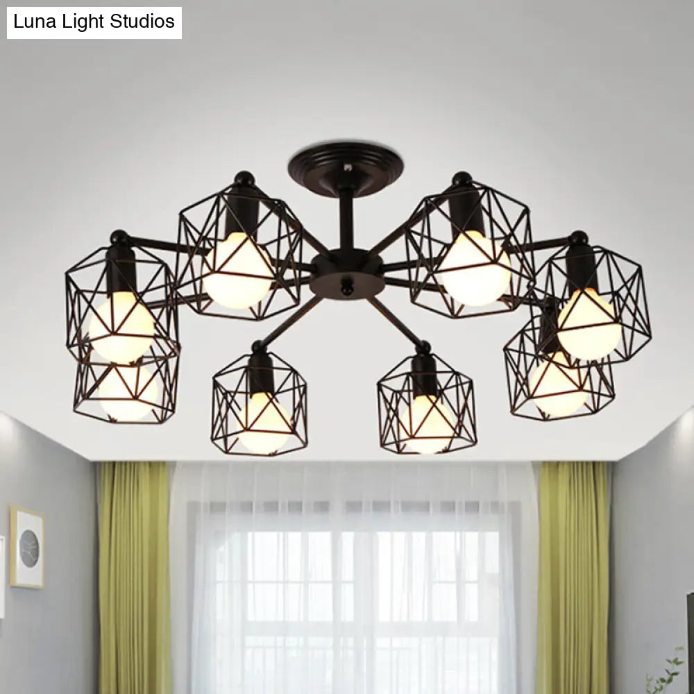 DecorBites™ DecorBites™ Retro Style Black Metal Semi Flush Pendant Light with Global Cage Shade for Living Room - 6/8 Lights Spider Semi Flush Light