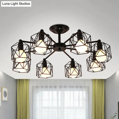 DecorBites™ DecorBites™ Retro Style Black Metal Semi Flush Pendant Light with Global Cage Shade for Living Room - 6/8 Lights Spider Semi Flush Light