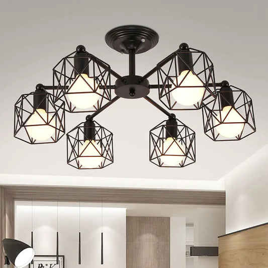 DecorBites™ DecorBites™ Retro Style Black Metal Semi Flush Pendant Light with Global Cage Shade for Living Room - 6/8 Lights Spider Semi Flush Light