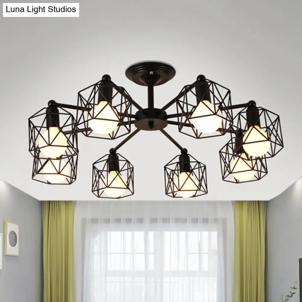 DecorBites™ DecorBites™ Retro Style Black Metal Semi Flush Pendant Light with Global Cage Shade for Living Room - 6/8 Lights Spider Semi Flush Light