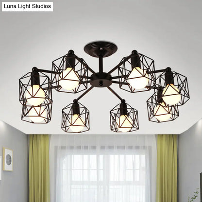 DecorBites™ DecorBites™ Retro Style Black Metal Semi Flush Pendant Light with Global Cage Shade for Living Room - 6/8 Lights Spider Semi Flush Light