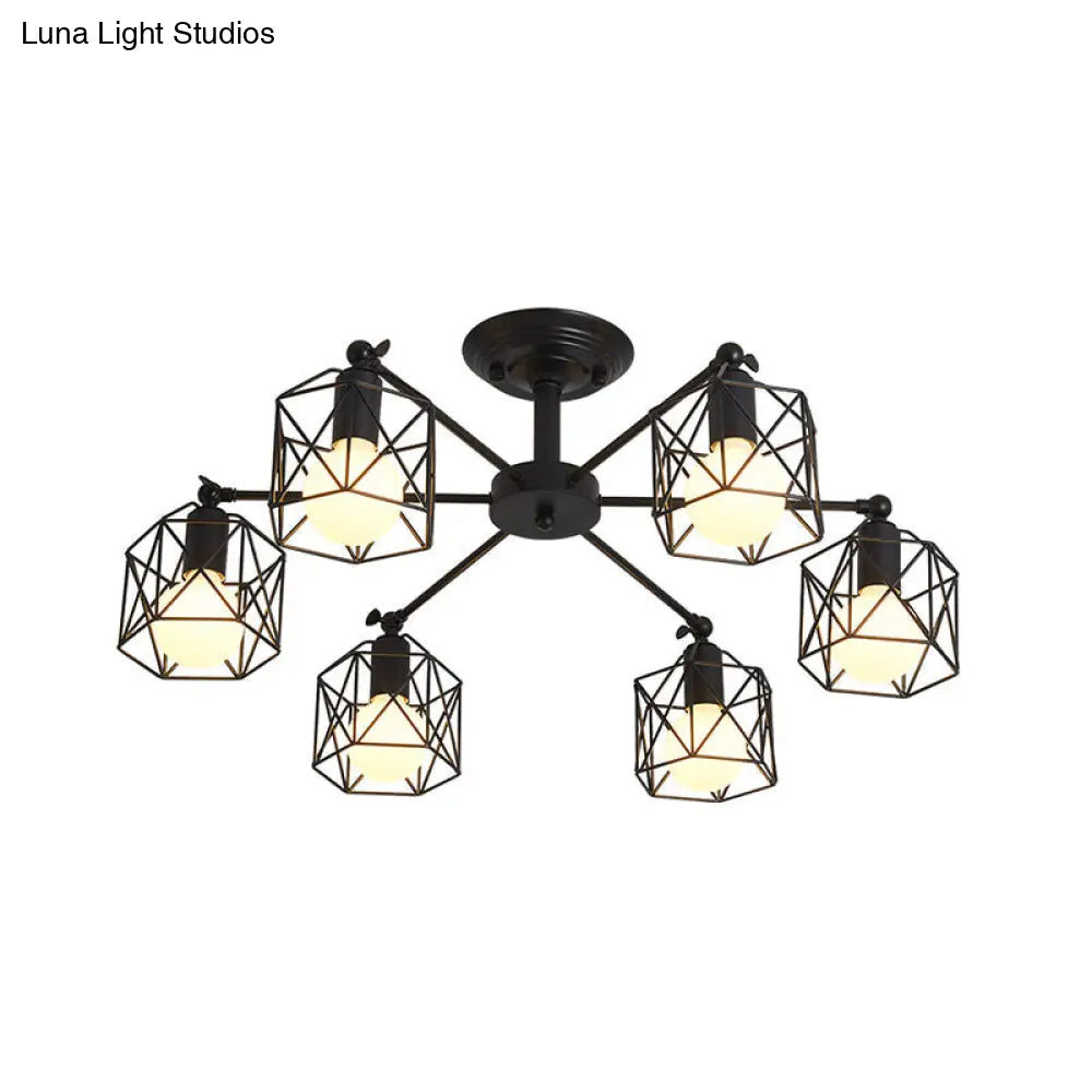 DecorBites™ DecorBites™ Retro Style Black Metal Semi Flush Pendant Light with Global Cage Shade for Living Room - 6/8 Lights Spider Semi Flush Light