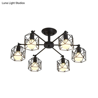 DecorBites™ DecorBites™ Retro Style Black Metal Semi Flush Pendant Light with Global Cage Shade for Living Room - 6/8 Lights Spider Semi Flush Light