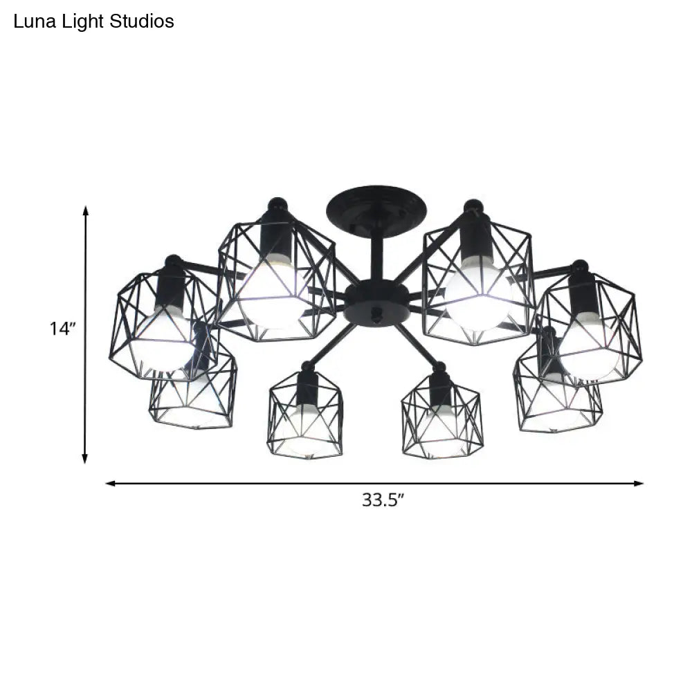 DecorBites™ DecorBites™ Retro Style Black Metal Semi Flush Pendant Light with Global Cage Shade for Living Room - 6/8 Lights Spider Semi Flush Light