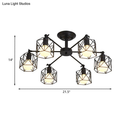 DecorBites™ DecorBites™ Retro Style Black Metal Semi Flush Pendant Light with Global Cage Shade for Living Room - 6/8 Lights Spider Semi Flush Light