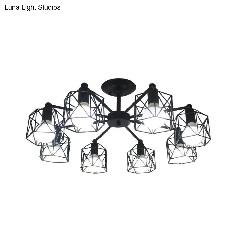 DecorBites™ DecorBites™ Retro Style Black Metal Semi Flush Pendant Light with Global Cage Shade for Living Room - 6/8 Lights Spider Semi Flush Light