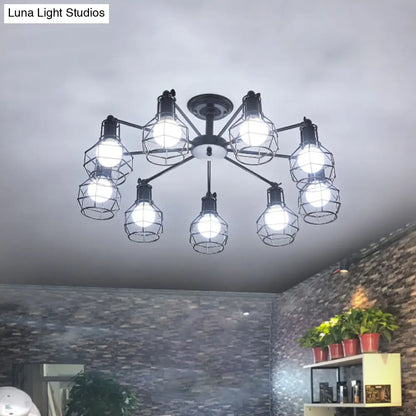 DecorBites™ DecorBites™ Retro Style Black Metal Semi Flush Pendant Light with Global Cage Shade for Living Room - 6/8 Lights Spider Semi Flush Light
