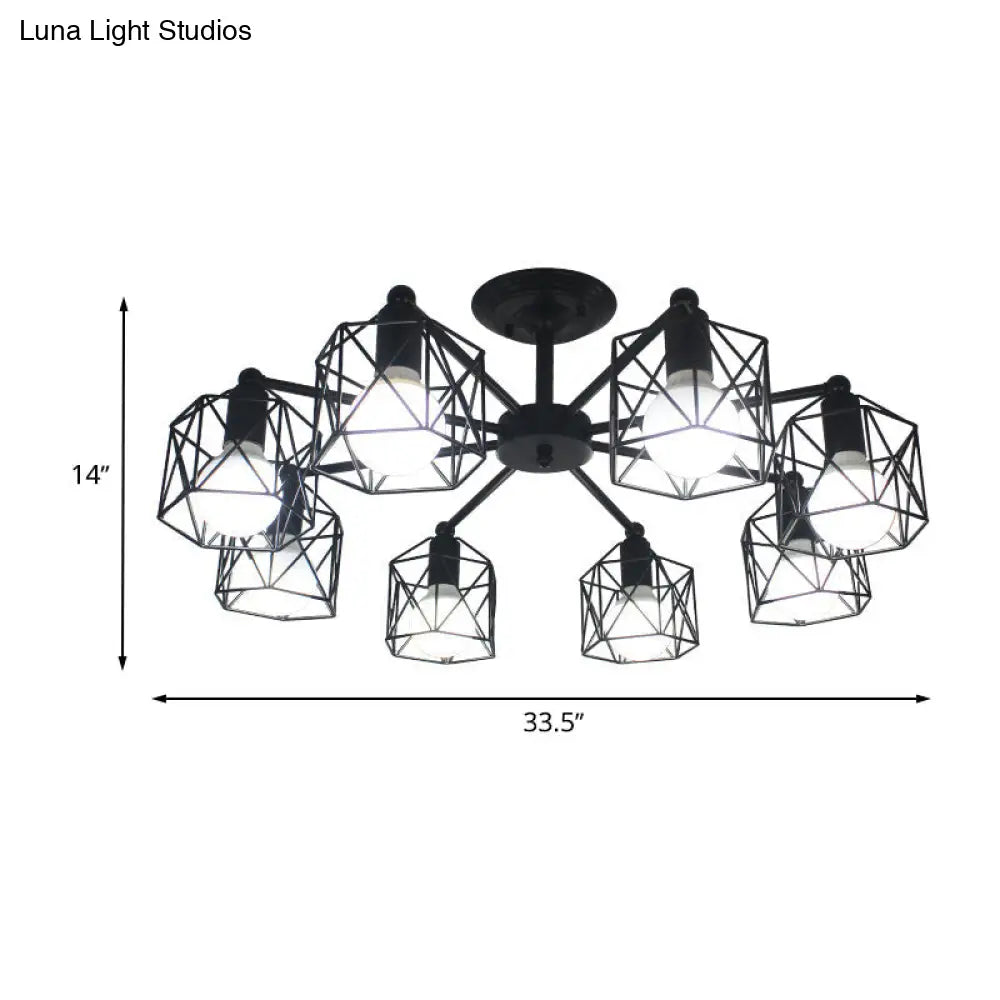 DecorBites™ DecorBites™ Retro Style Black Metal Semi Flush Pendant Light with Global Cage Shade for Living Room - 6/8 Lights Spider Semi Flush Light