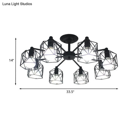 DecorBites™ DecorBites™ Retro Style Black Metal Semi Flush Pendant Light with Global Cage Shade for Living Room - 6/8 Lights Spider Semi Flush Light