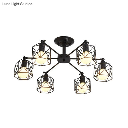 DecorBites™ DecorBites™ Retro Style Black Metal Semi Flush Pendant Light with Global Cage Shade for Living Room - 6/8 Lights Spider Semi Flush Light